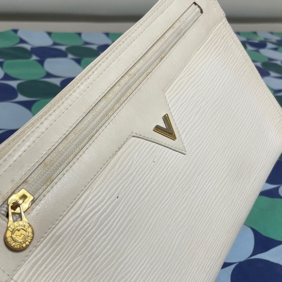 Mario Valentino White Textured Clutch with Gold Accents - Picture 10 of 15